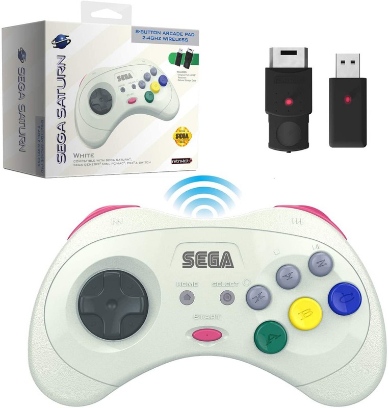 Retro-Bit 2.4 GHz Wireless Controller 8-Button Sega Saturn, Genesis Mini – White