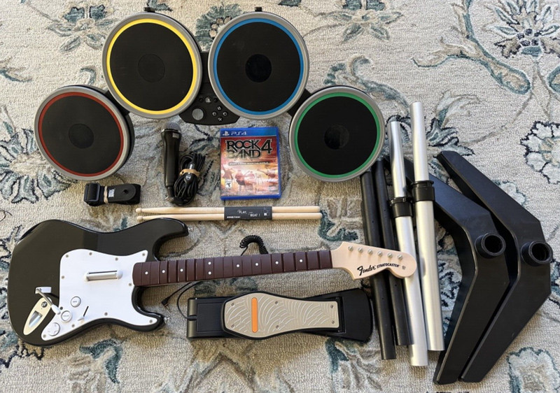 Rock Band 4 PS4 PS5 Bundle Fender Guitar Drums Game Mic PlayStation TESTED