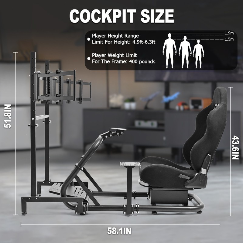 Marada Racing Simulator Cockpit With Seat & Triple Monitor Stand Fit Logitech gallery