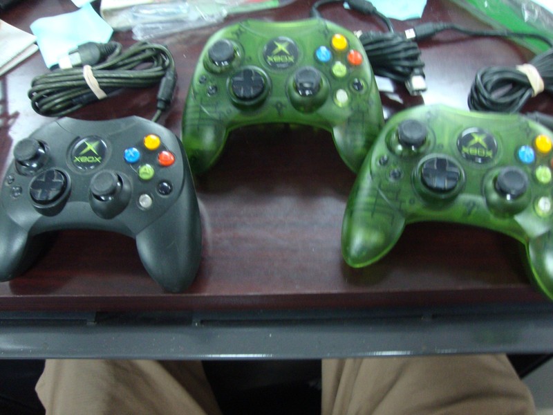 lot of 3 Original Xbox OEM Type Clear Halo Green Controllers + PC USB Adapter-ED