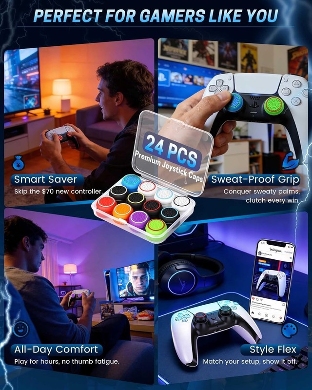 24 PCS Premium Silicone Thumb Grips for PS4/PS5/Xbox Controller, Rainbow Non-... gallery