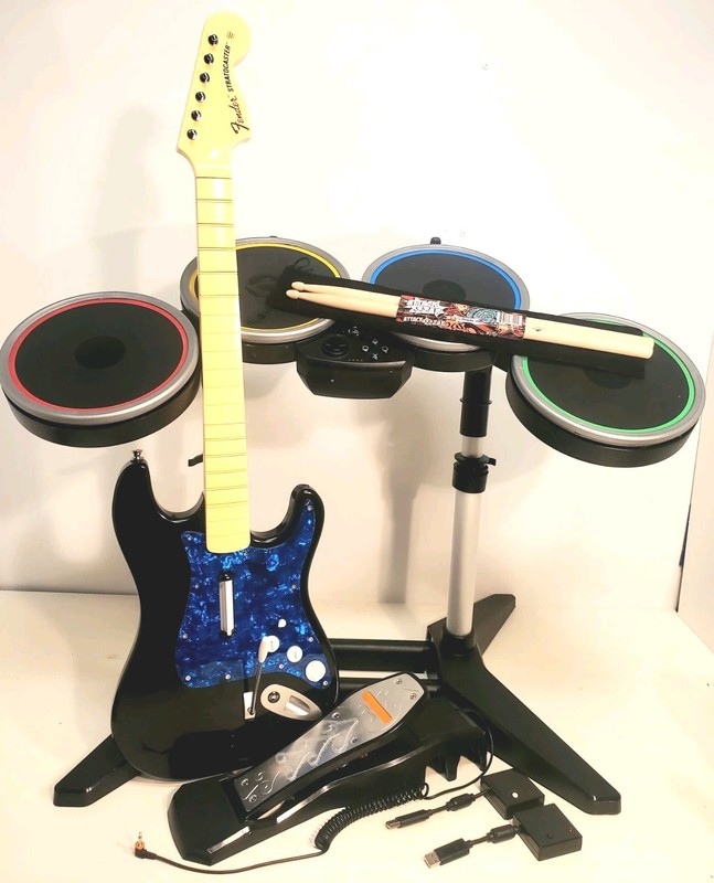 PS4 PS5 Rock Band 4 *Drums *Fender BLUE Face *Guitar Stand*Strap *DONGLES*Sticks