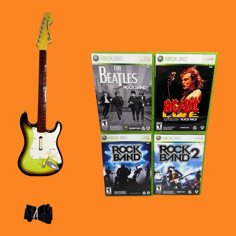 Rock Band 2 Guitar Controller + 1 2 Beatles AC/DC Track Pack Bundle Lot Xbox 360