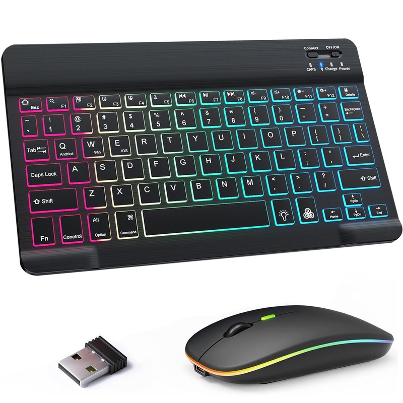 Bluetooth Keyboard and Mouse Combo for iPad with 7-Color Black