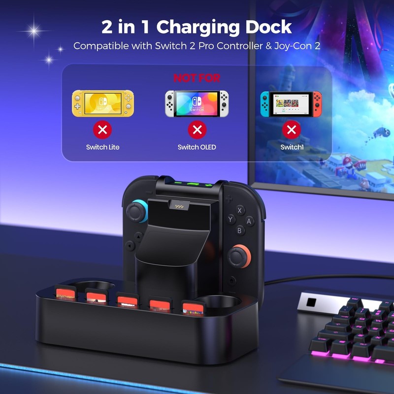 NEWDERY 2IN1 Charging Dock for Nintendo Switch 2 Pro Controller & Joycon Station gallery