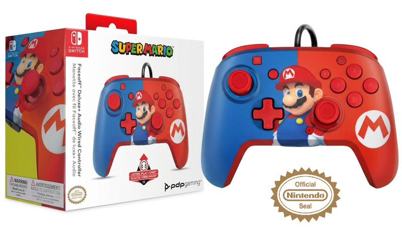PDP Gaming Faceoff Deluxe+ Wired Switch Pro Controller – Red/Blue Mario Design