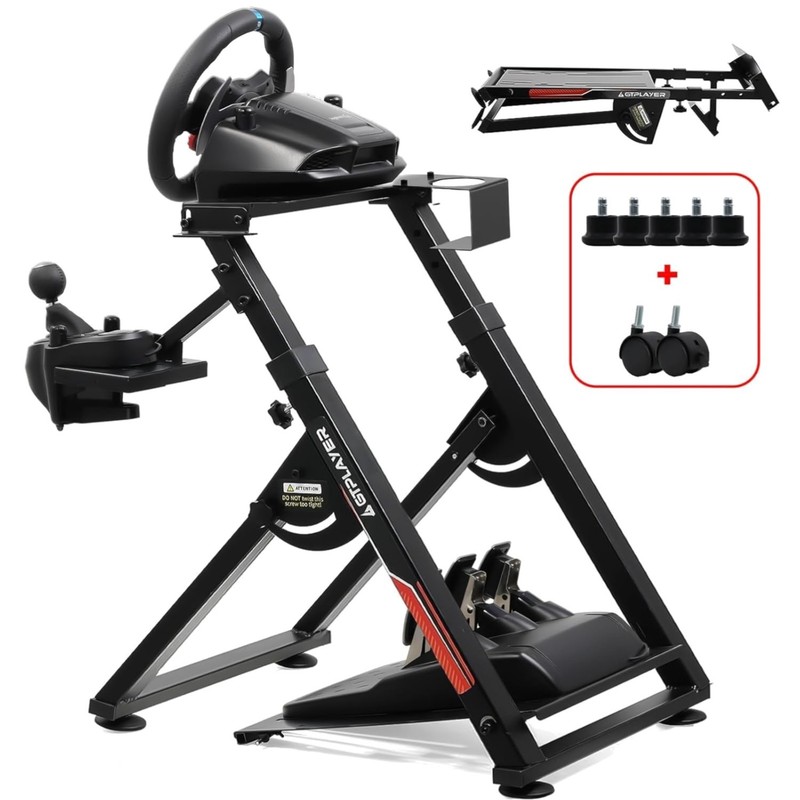 Deep Black Adjustable Wheel Stand for All Major Gaming Systems with Cup Holder