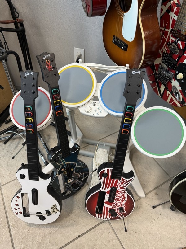 Wii Rockband Drum Set And 3 Guitars Bundle