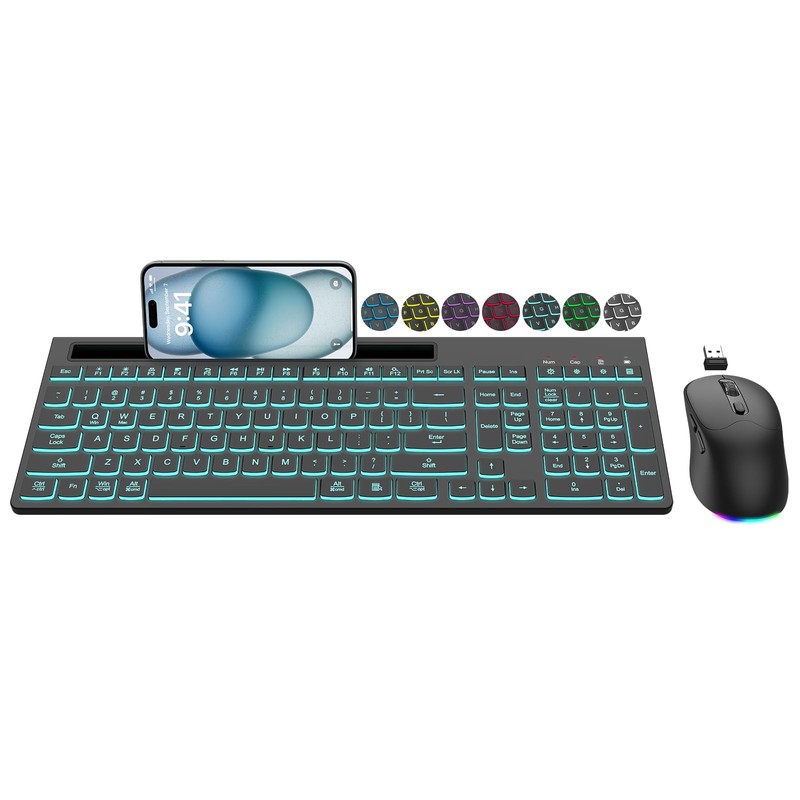 Wireless Keyboard and Mouse Combo, 7 Backlit Effects, Light Up Letters, Black