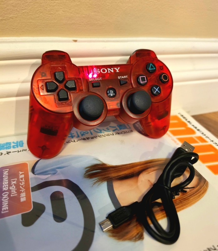 PlayStation 3 Crystal Red Clear PS3 Controller DualShock 3 Tested Cable READ