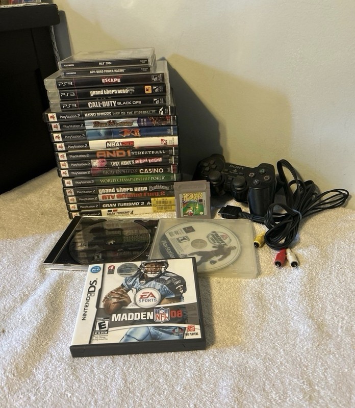 PlayStation 1, 2, & 3 Game lot. 19 total games & PS2 wired controller. Used