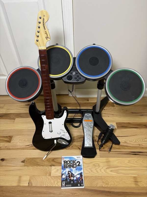 Nintendo Wii Rock Band 2 Black Drum Set Guitar Mic & Game Bundle, No Dongles