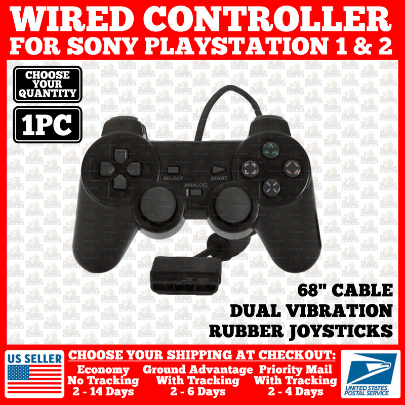 Wired Controller for Sony PlayStation PS1/PS2 Black Dual Vibration 5.5ft Cable