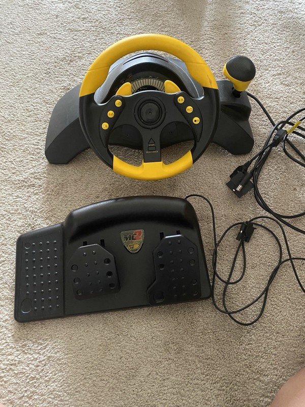Mad Catz MC2 Racing Wheel & Foot Pedals Gear Shifter for PS2 Wired Black/Yellow
