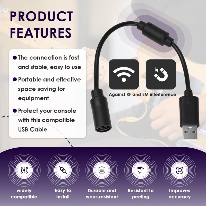 USB Breakaway Cable for Xbox 360, Rocksmith Real Tone Cable, 3-PACK, Black gallery
