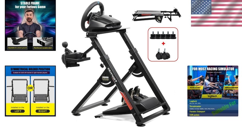 Adjustable Sim Racing Wheel Stand with Stability Wheels - Fits All Major Brands gallery